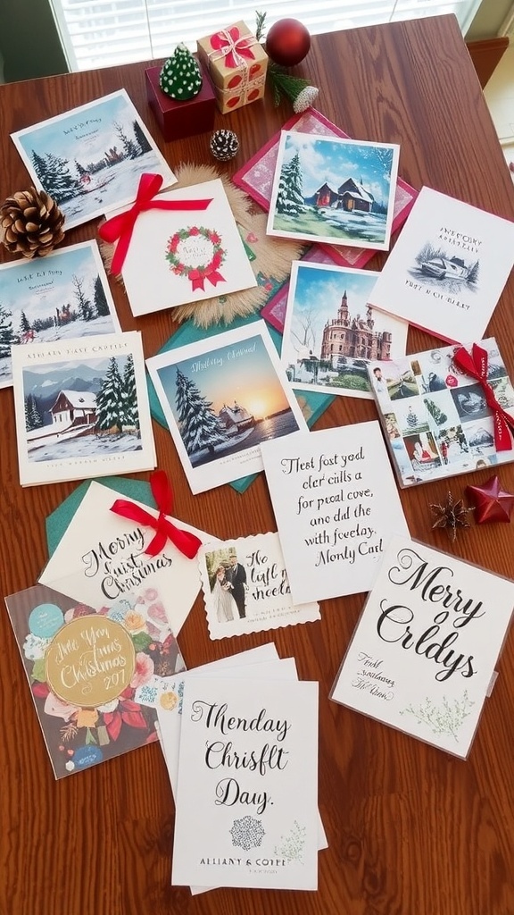 A variety of creative Christmas cards showcasing different designs on a rustic wooden table.